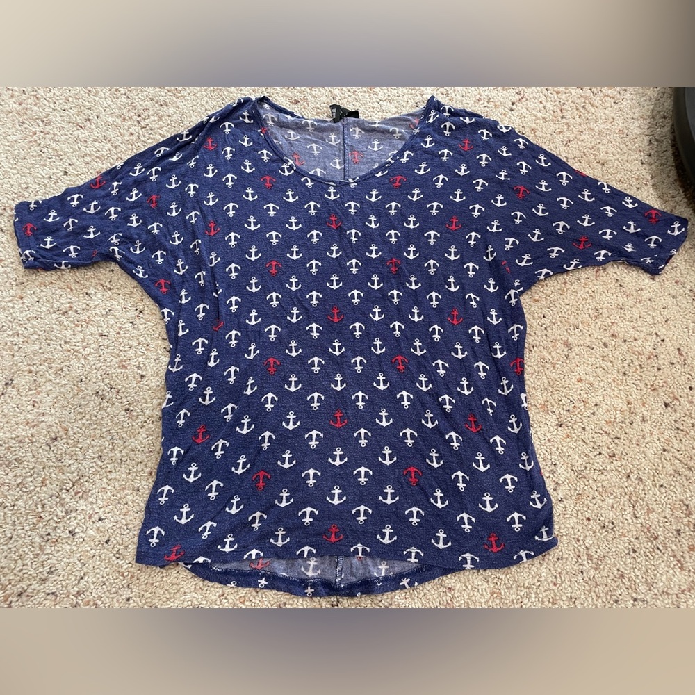 Rue21 Anchor Print Short Sleeve Top - Blue and Red women’s small nautical shirt
